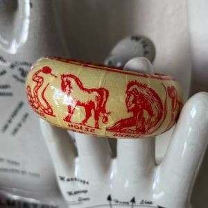 Handmade Vintage Decoupage Chinese Zodiac Bangle Bracelet S/XS Red & Yellow